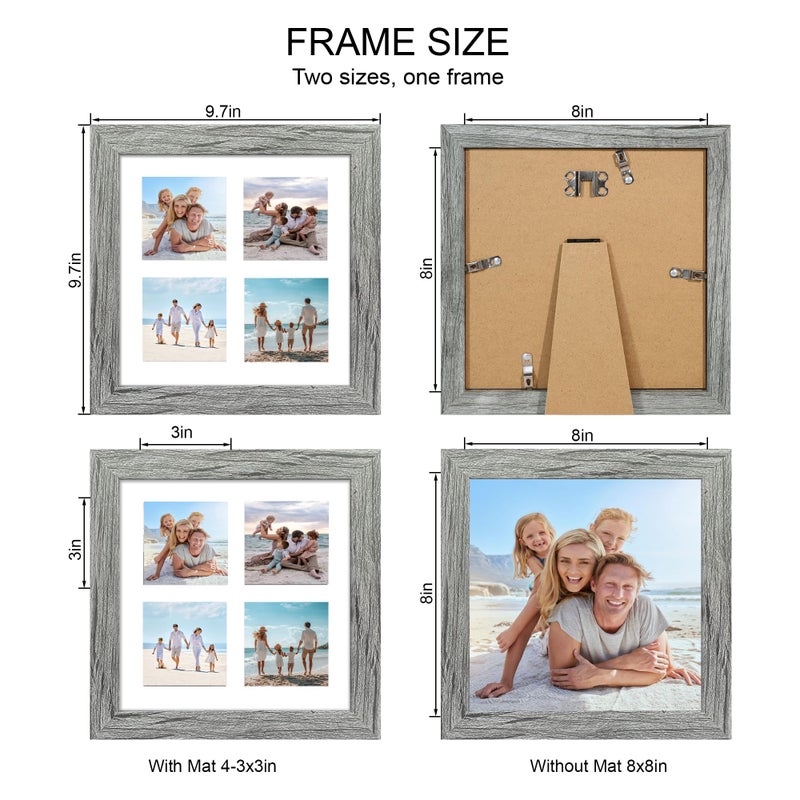 Hongkee مجموعة إطارات صور Hongkee مقاس 8 × 8 مكونة من قطعتين، مع إطارات زجاجية وخشبية رمادية، وإطار عرض مجمع بأربع فتحات مقاس 3 × 3 مع حصيرة أو 8 × 8 بدون حصيرة للتعليق على الحائط أو سطح الطاولة - Image 2